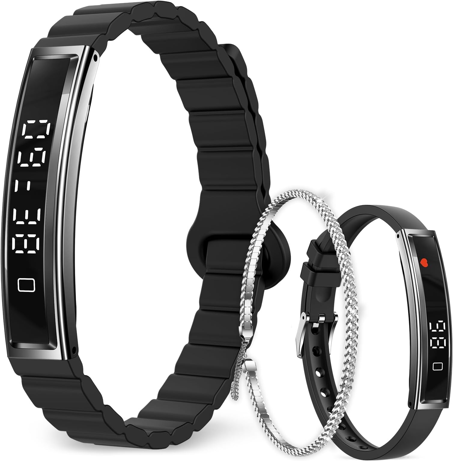 Fitness Tracker Bracelet for Women Men, Slim Smart Bracelet with Heart Rate, Blood Oxygen, Sleep Monitor, Step Counter, Pedometer, Waterproof for Android iPhone, 2 Straps & Chain Bracelet, Black