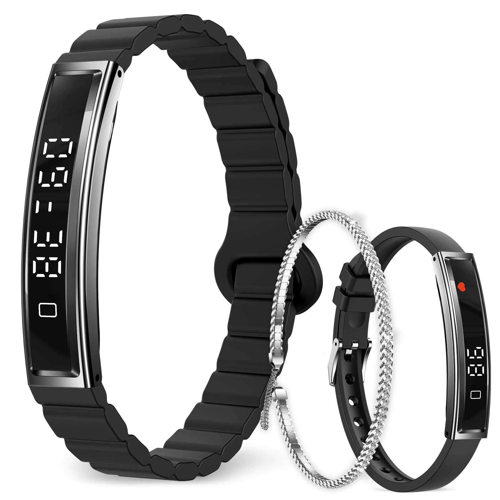Fitness Tracker Bracelet for Women Men, Slim Smart Bracelet with Heart Rate, Blood Oxygen, Sleep Monitor, Step Counter, Pedometer, Waterproof for Android iPhone, 2 Straps & Chain Bracelet, Black