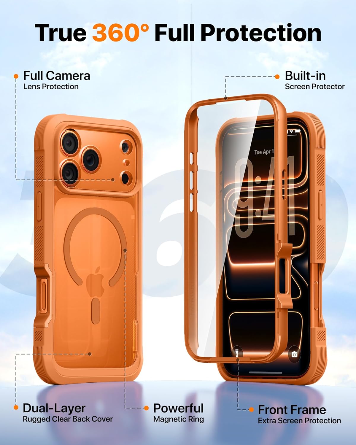 Diaclara Magnetic Designed for iPhone 17 Pro Max Case Full Body Bumper,[Compatible with MagSafe] Military Drop Proof Cover with Built-in Touch Sensitive Anti-Scratch Screen Protector,Orange - Image 3