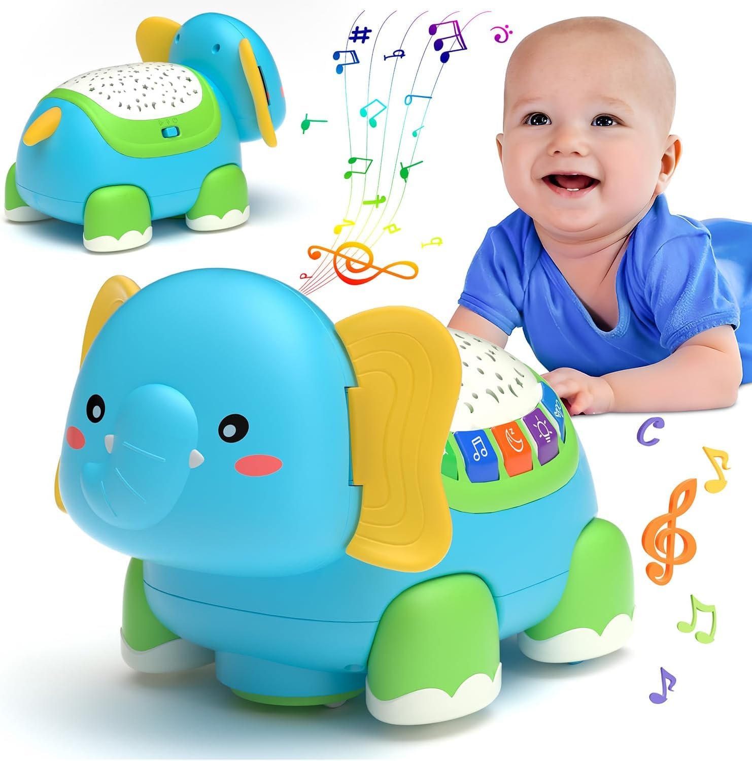 AM ANNA Musical Crawling Baby Elephant Interactive Sensory Toy for 3-18 Months Boy Girl Toddler with Star Projector, Music and Light, BPA-Free Silicone, Multi-Colored