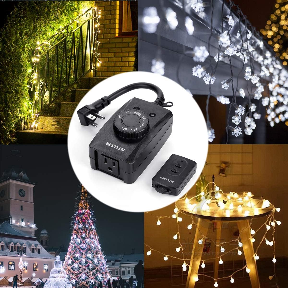BESTTEN Remote Control Outdoor Outlet with Dusk to Dawn and Photocell Countdown Timer Functions, ETL and FCC Certified, Black: Tools & Home Improvement
