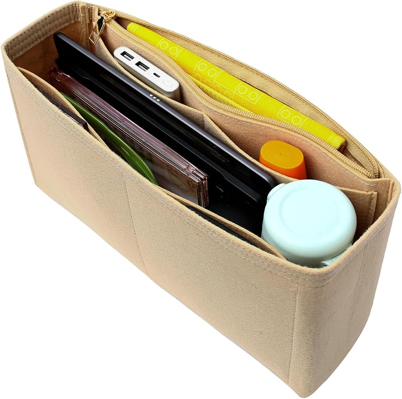 Surblue Purse Organizer Insert for Handbags, Felt Bag Organizer with Zippers Handbag Shaper Pouch for Classic 19 Flap Bag, Marmont, Onthego,（Khaki, Slender L）