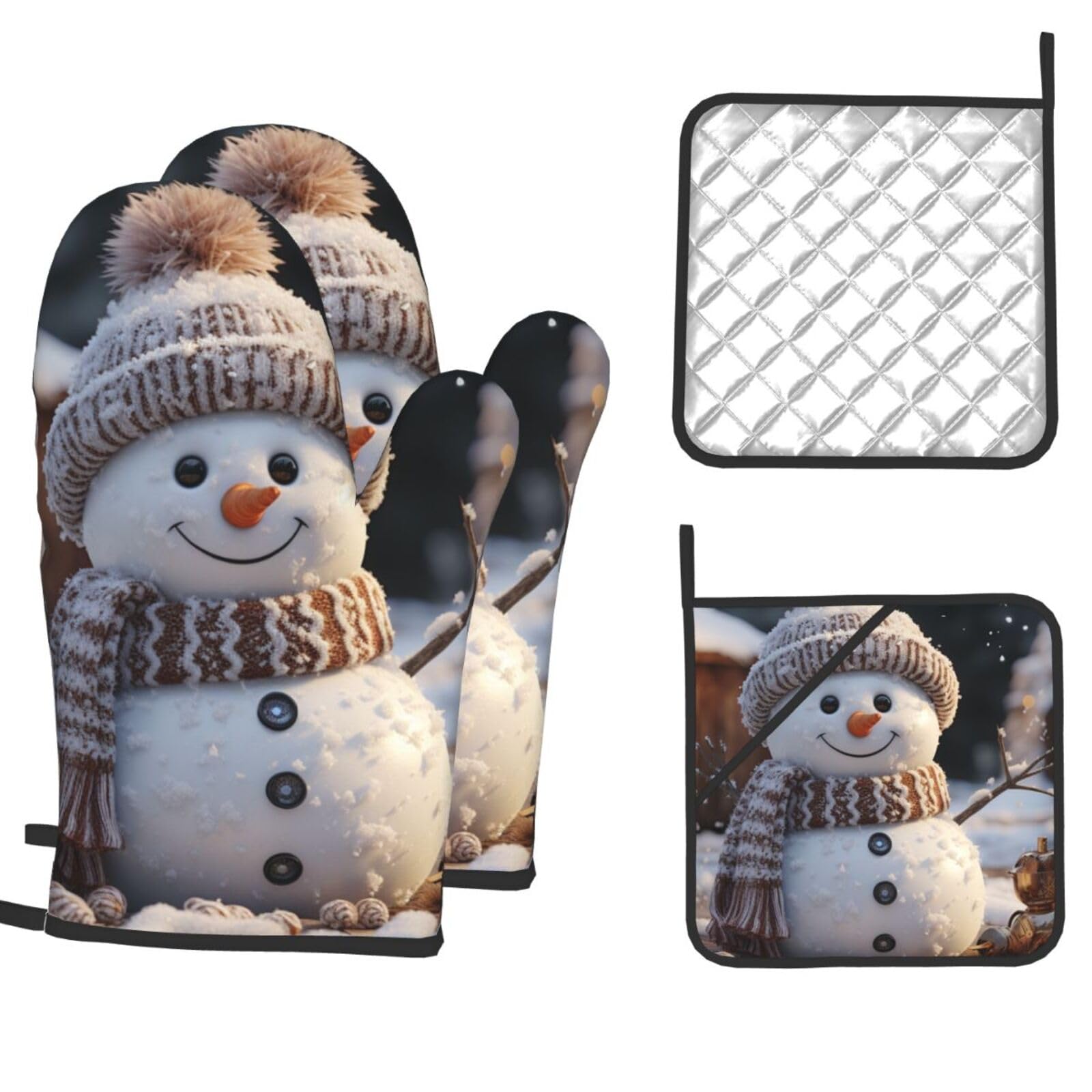 Oven Mitts and Pot Holders Sets of 4 Heat Resistant Kitchen Gloves Snowman Oven Mitts BBQ Gloves Oven Gloves and Hot Pads Non-Slip Potholders for Kitchen Baking Cooking