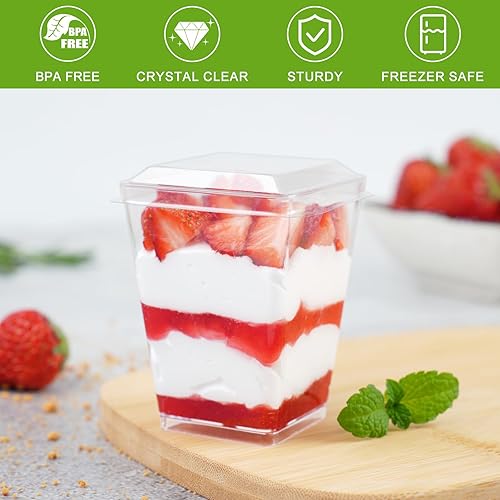 Miniatura 3 de Paquete de 100 vasos cuadrados de plástico transparente de 5 onzas con tapas y cucharas, mini vasos para servir para fiesta de degustación, postres,