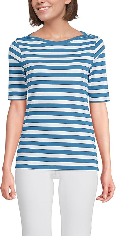 Women's American-Grown Supima Cotton Elbow Sleeve Boatneck Button Shoulder Tee