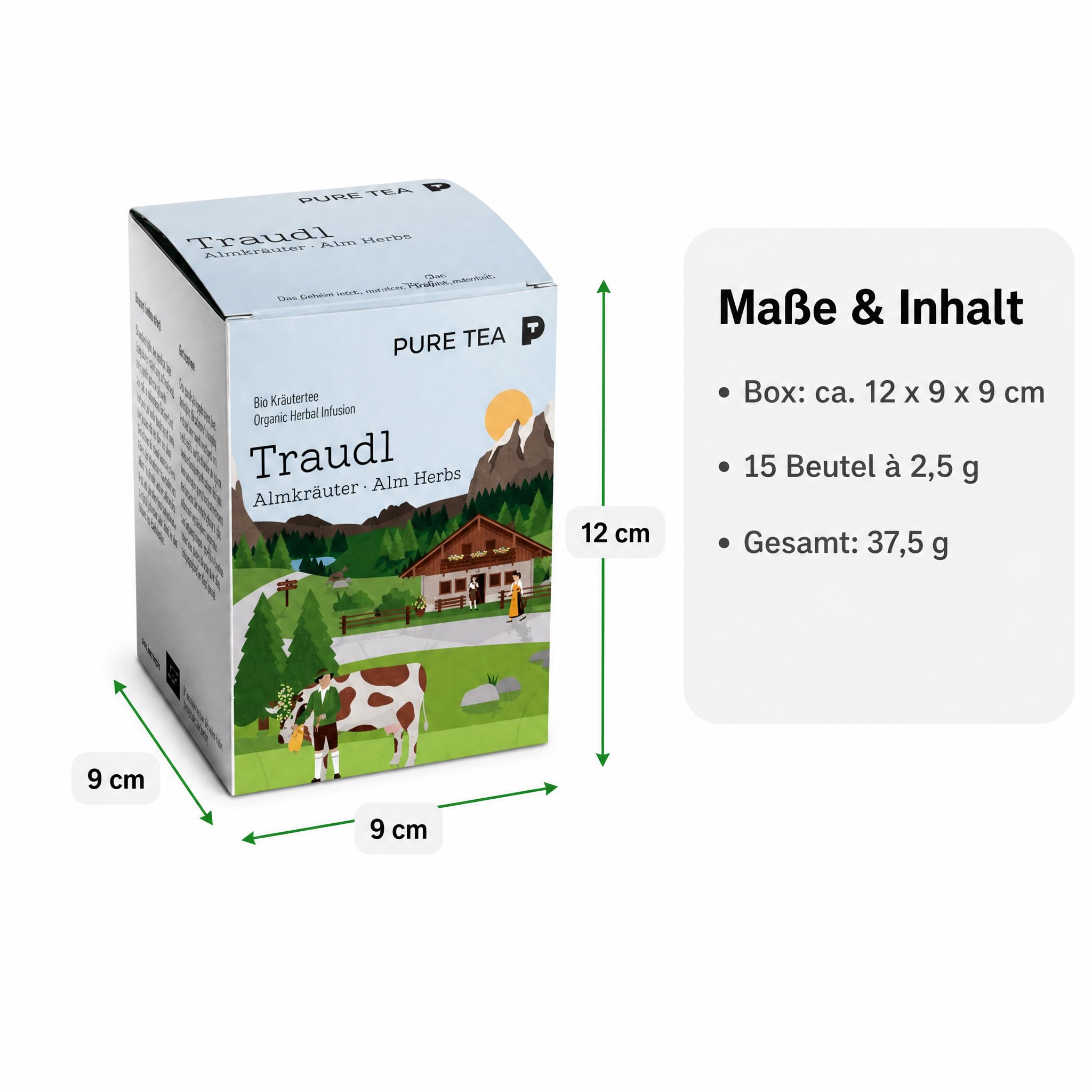 6 x PURE TEA Traudl Premium Kräutertee Almkräuter, koffeinfreier Alpenkräuter Tee als Kräutermischung mit Spitzwegerich, Apfelminze & Melisse, einzeln verpackte Kissenbeutel in Dispenserbox