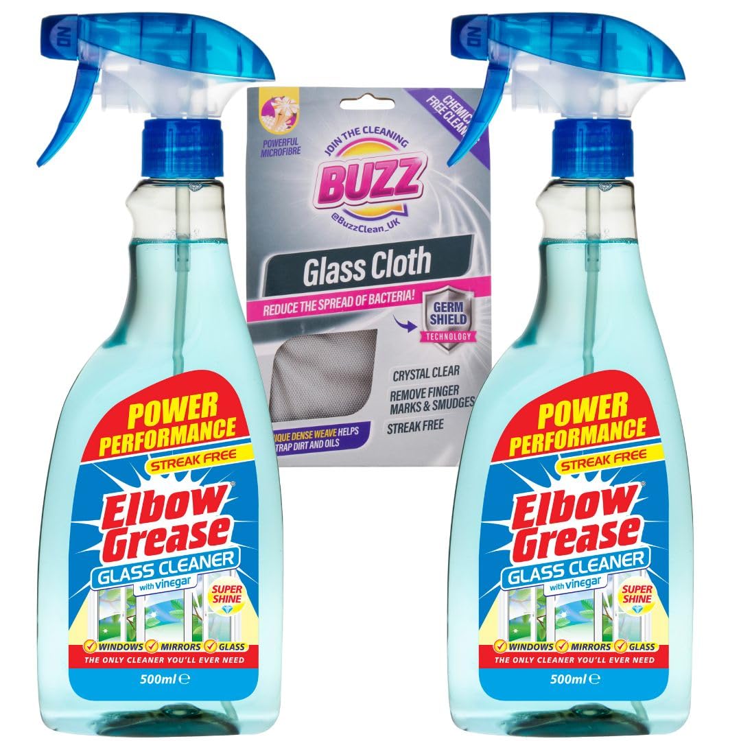 Elbow Grease Spray Window Cleaner With Vinegar 500ml Glass Cleaner Mirror Cleaner 2 Pack PLUS Premium Streak Free Glass Cleaning Cloth