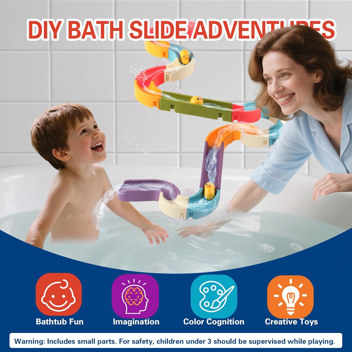 Duck Slide Bath Toys for Kids Ages 4-8, Bathtub Toys DIY Wall Track Building Kit for Toddlers 2-4 3-5, Fun Shower Toys Bathtub Time Birthday Gift for 3+ Years Old Boys and Girls（34PCS）