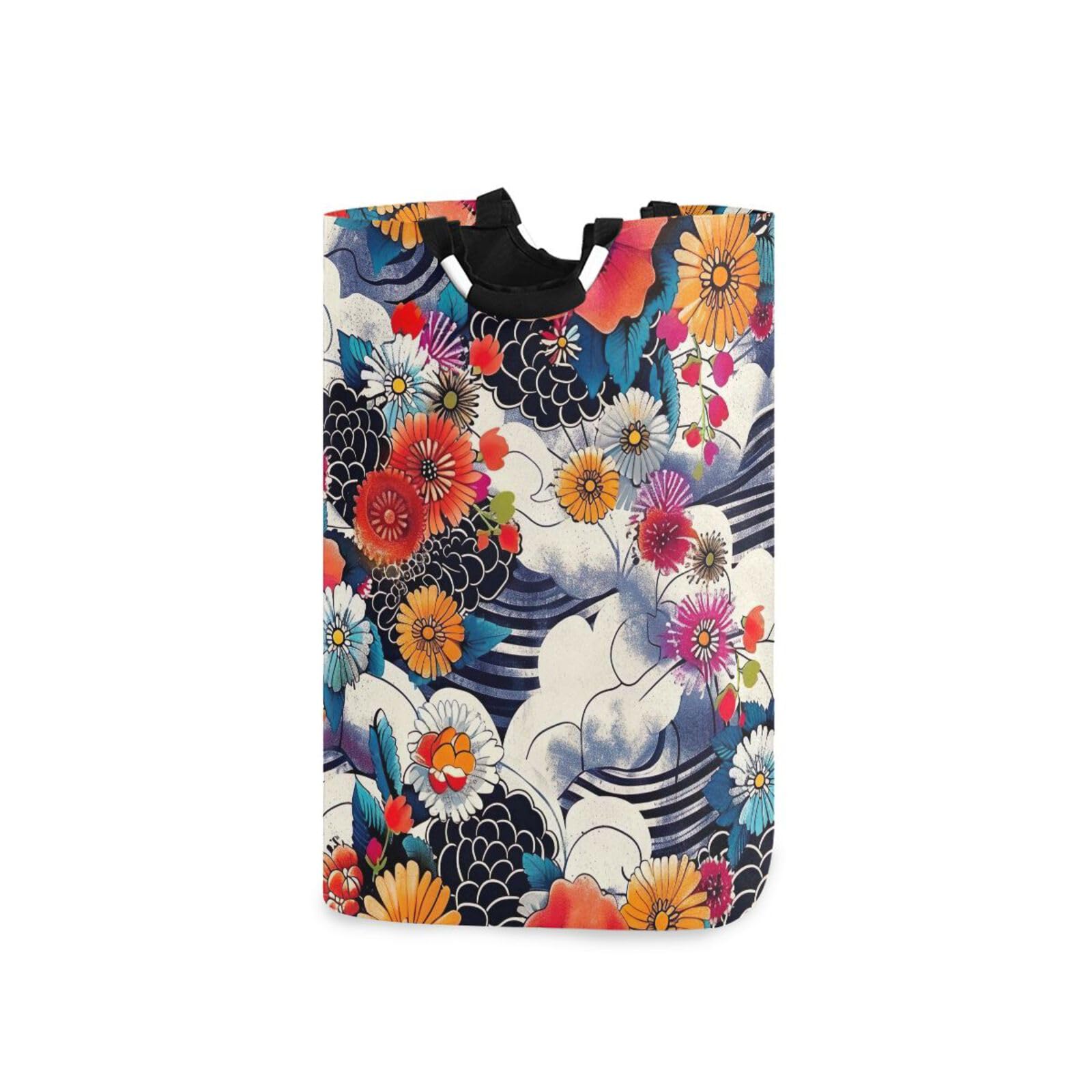 Jihqo Laundry Hamper Basket Japanese Style Flowers Collapsible Nursery Storage Bin Waterproof Clothing Baskets for Home Bedroom Bathroom Washing Room