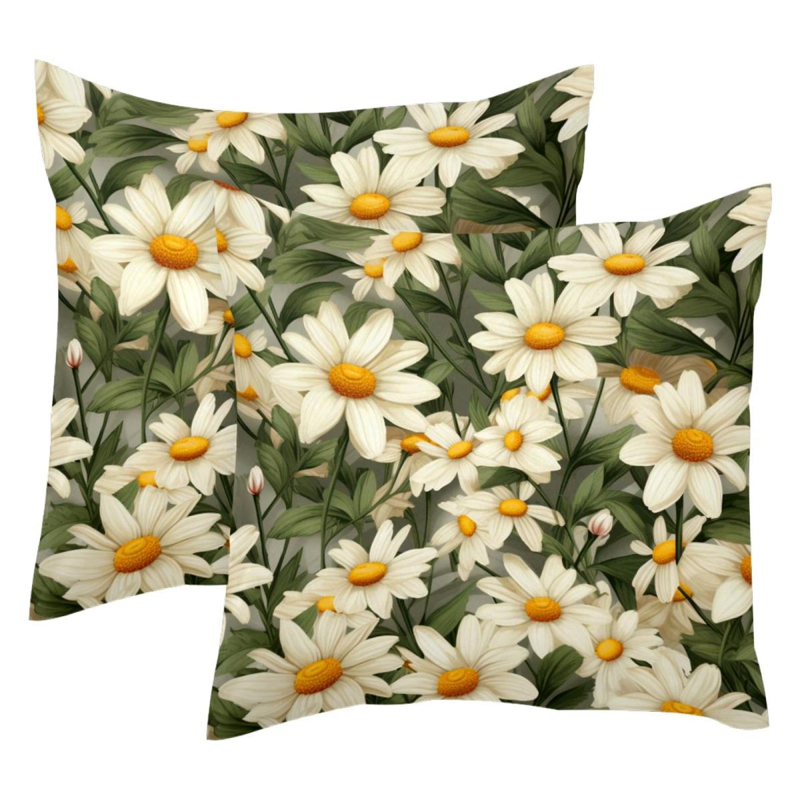 Housse de coussin en velours 50x50 cm lot de 2 avec motif marguerite aquarelle blanche