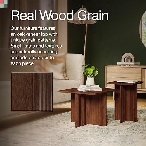 Miniatura 6 de Mesas de centro cuadradas estriadas anidables, juego de mesa auxiliar de 2 piezas, escritorio moderno para bebidas para sala de estar, decoración