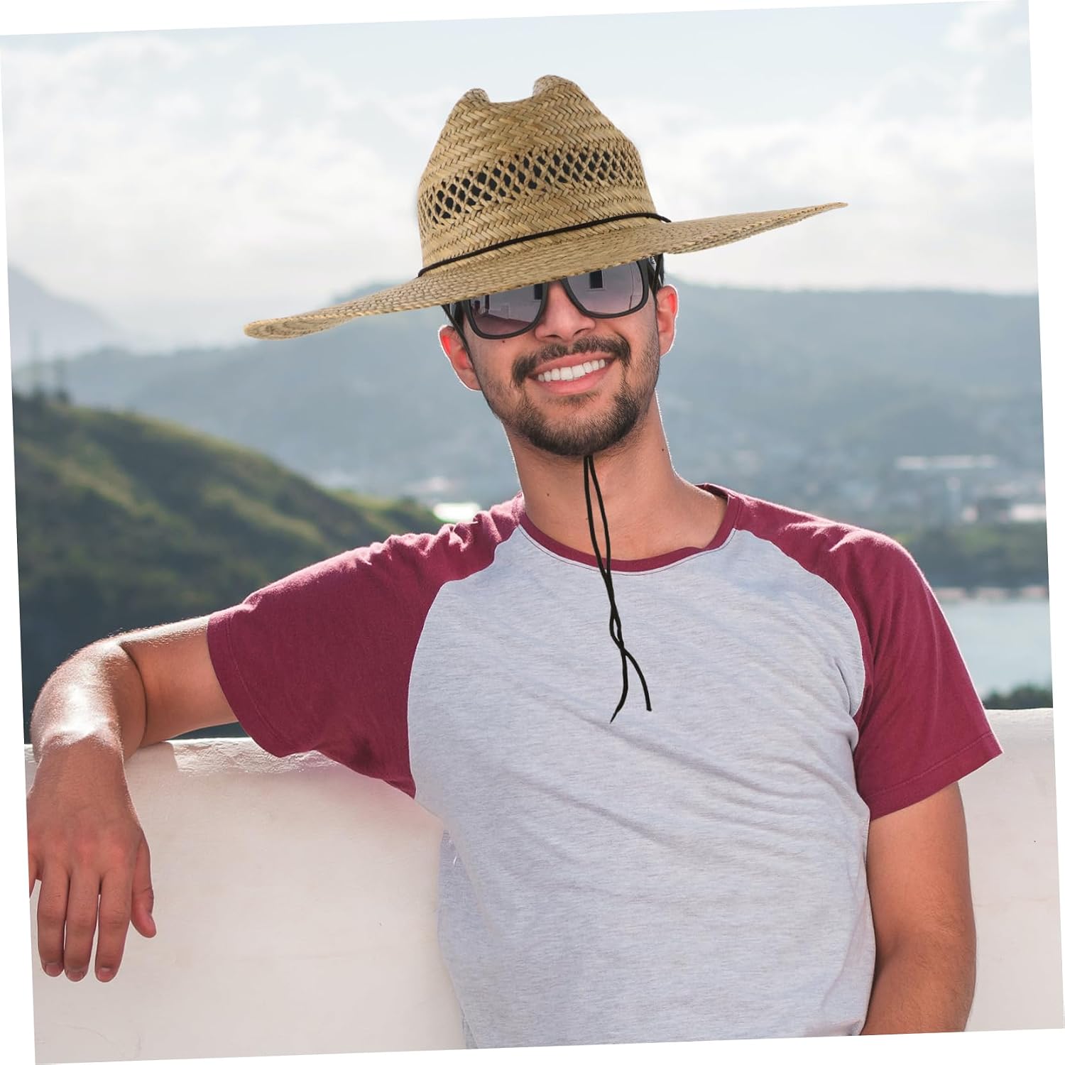 Woven Cowboy Sunshade Hat with Wide Brim, Khaki Straw Rustic Style
