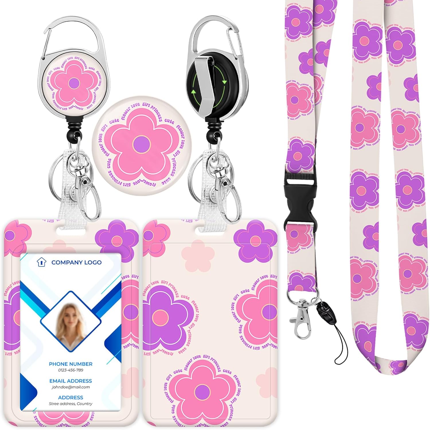Retractable ID Badge Holder & Retractable Lanyard for Teacher, Nurse - Cute ID Badge Clip, Vertical Card Protector with Keychain for Hospital School Office(Lovely Flowers)