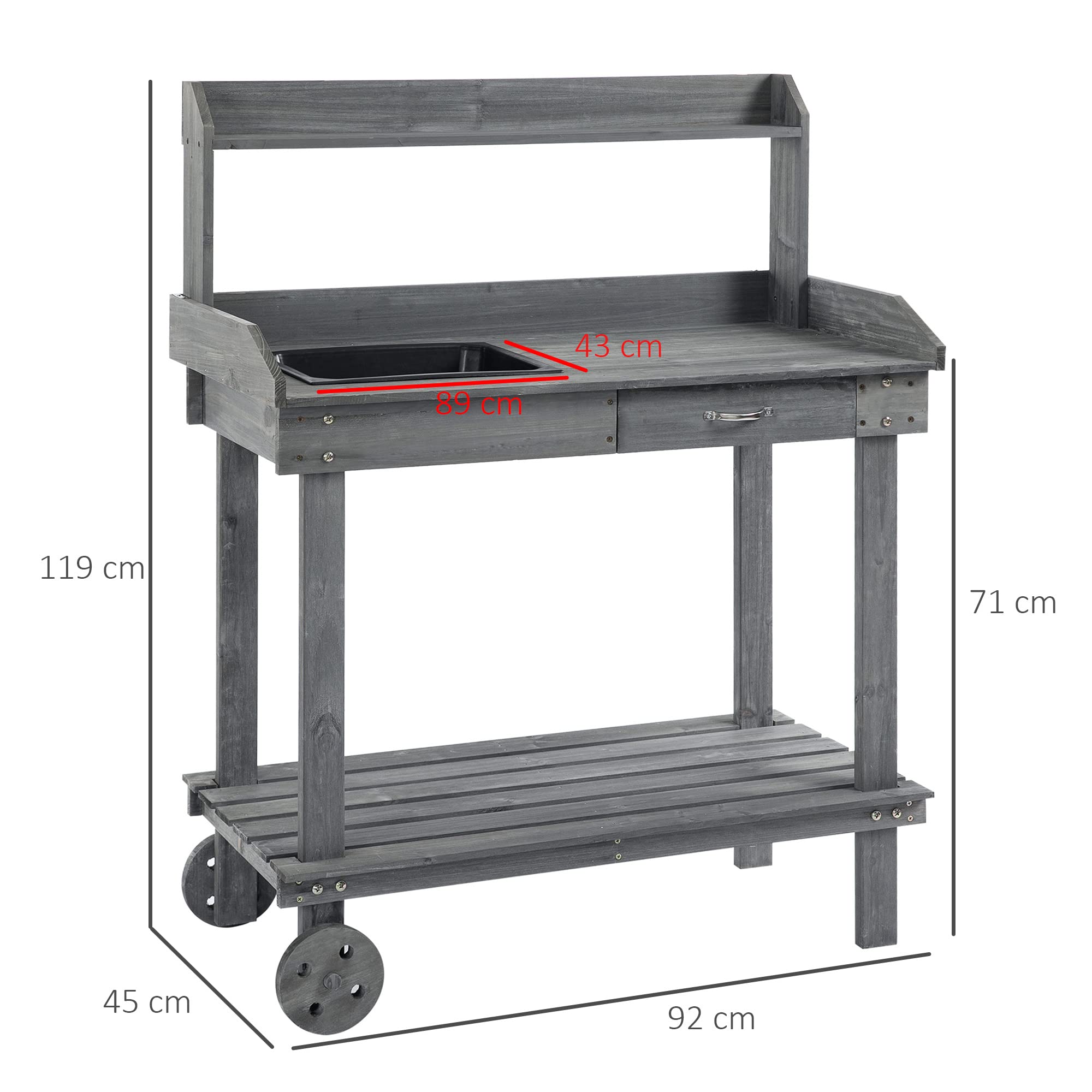 Outsunny Mesa de jardín con cajón de 2 Niveles, con Lavabo y Ruedas, Madera de Abeto Gris, 92 x 45 x 119 cm