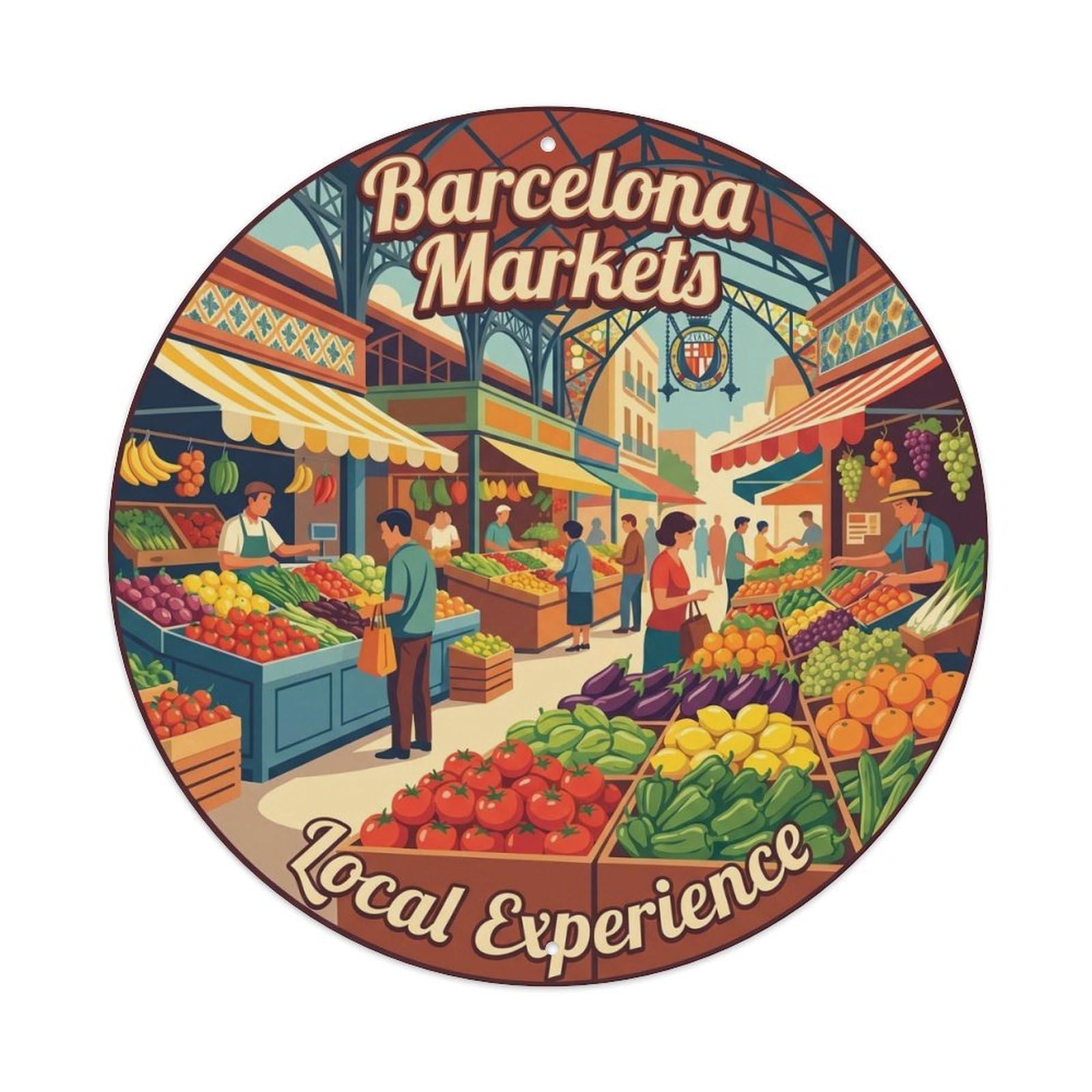 Barcelona Market Sightseeing Vintage Travel Catalan Heritage Metal Tin Sign Plaque Wall Decor for Cafe, Man Cave, Club Bar, Office, Home Garden Round Metal Poster 8x8Inch