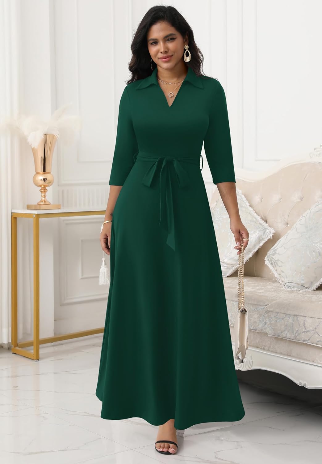 FANDEE Maxi Dresses for Women V Neck Casual A-line Dress 3/4 Sleeve Semi Formal Dress for Women - Image 5