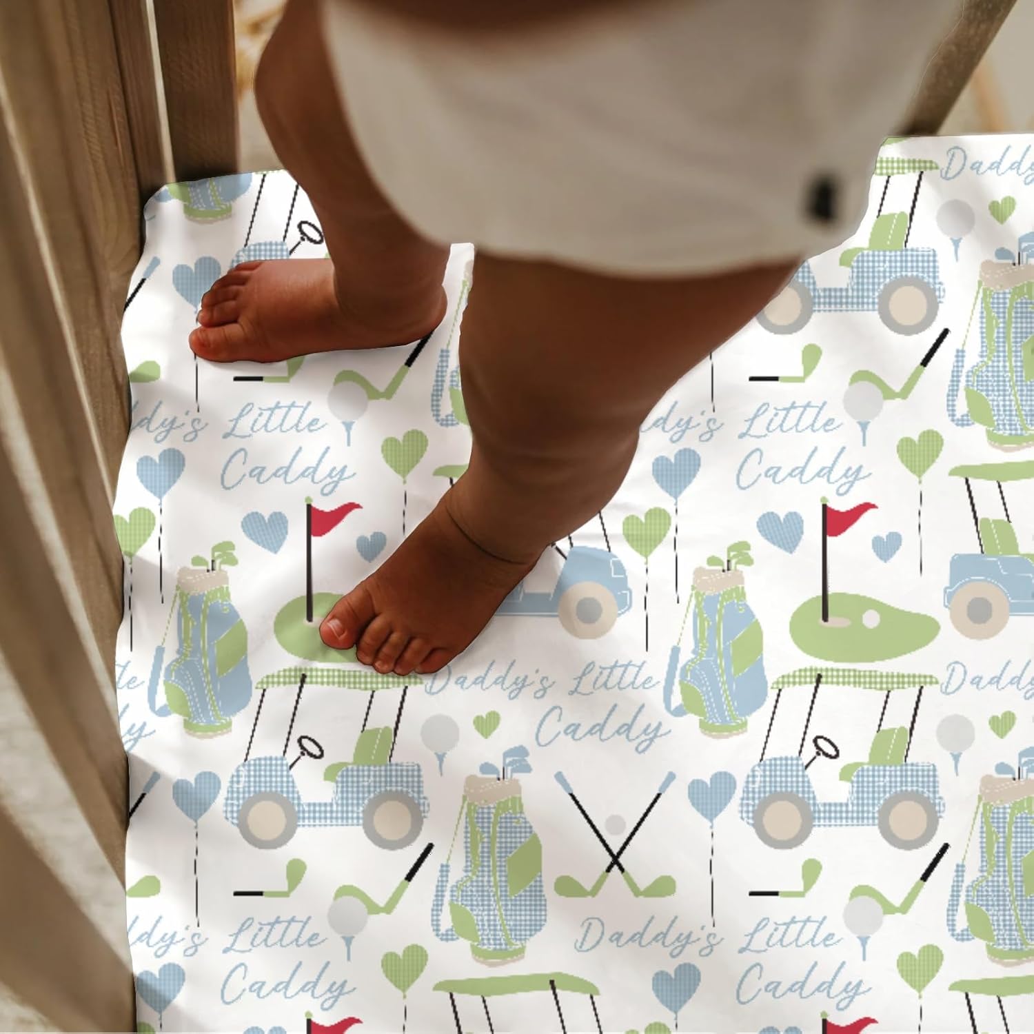 Baby Boys Standard Crib Sheet Blue Gingham Golfing, Cute Golf Daddy's Little Caddy Snug Fitted Mattress Covers, Soft Stretchy Breathable Nursery Kids Toddler Bed Decor Shower Gift 52 x 28