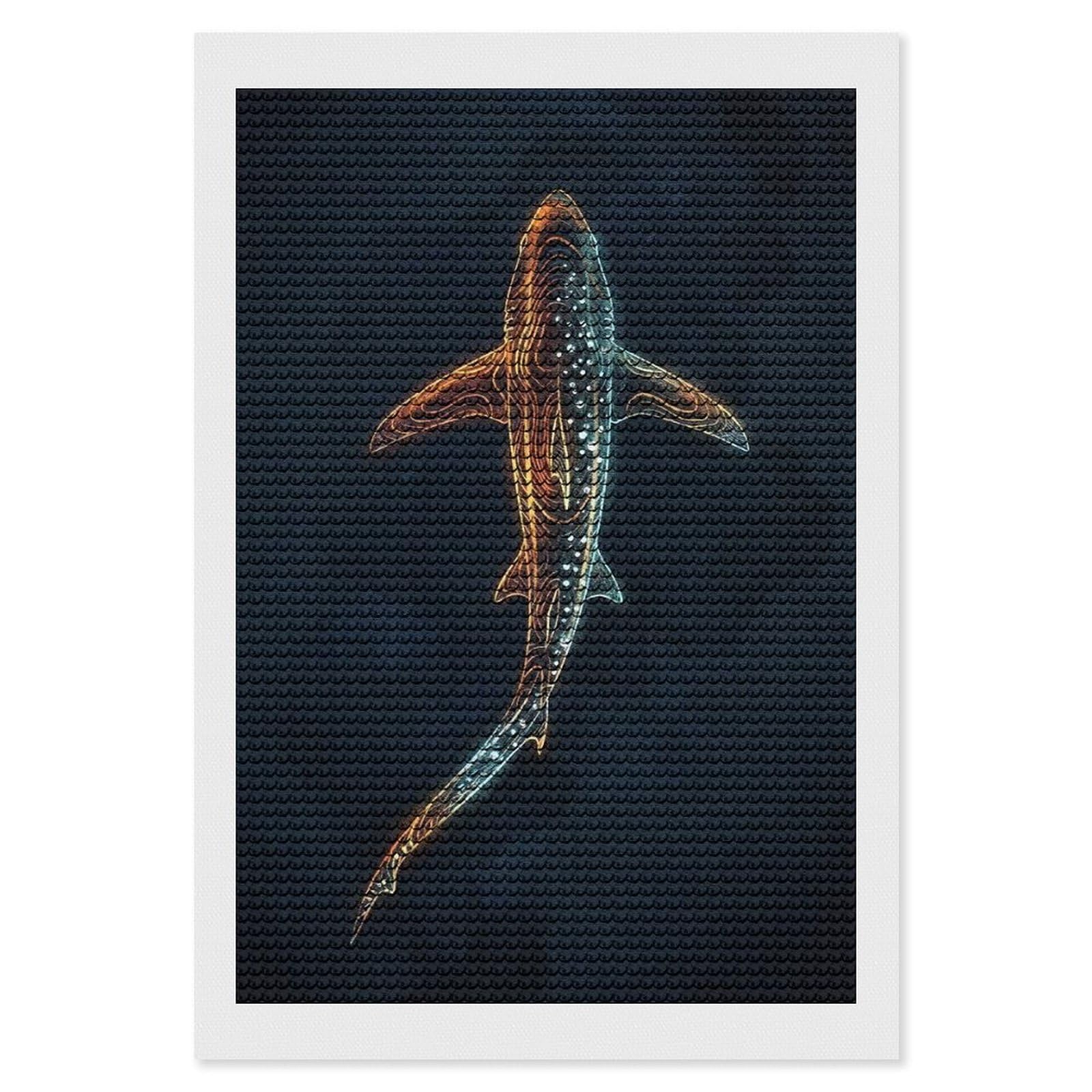Junmoney Abstract Shark Illustration on Dark Background Round Drill Diamond Painting 8"x12", for Adults, Creative Leisure Activity, Office Decor, Holiday Gift Idea