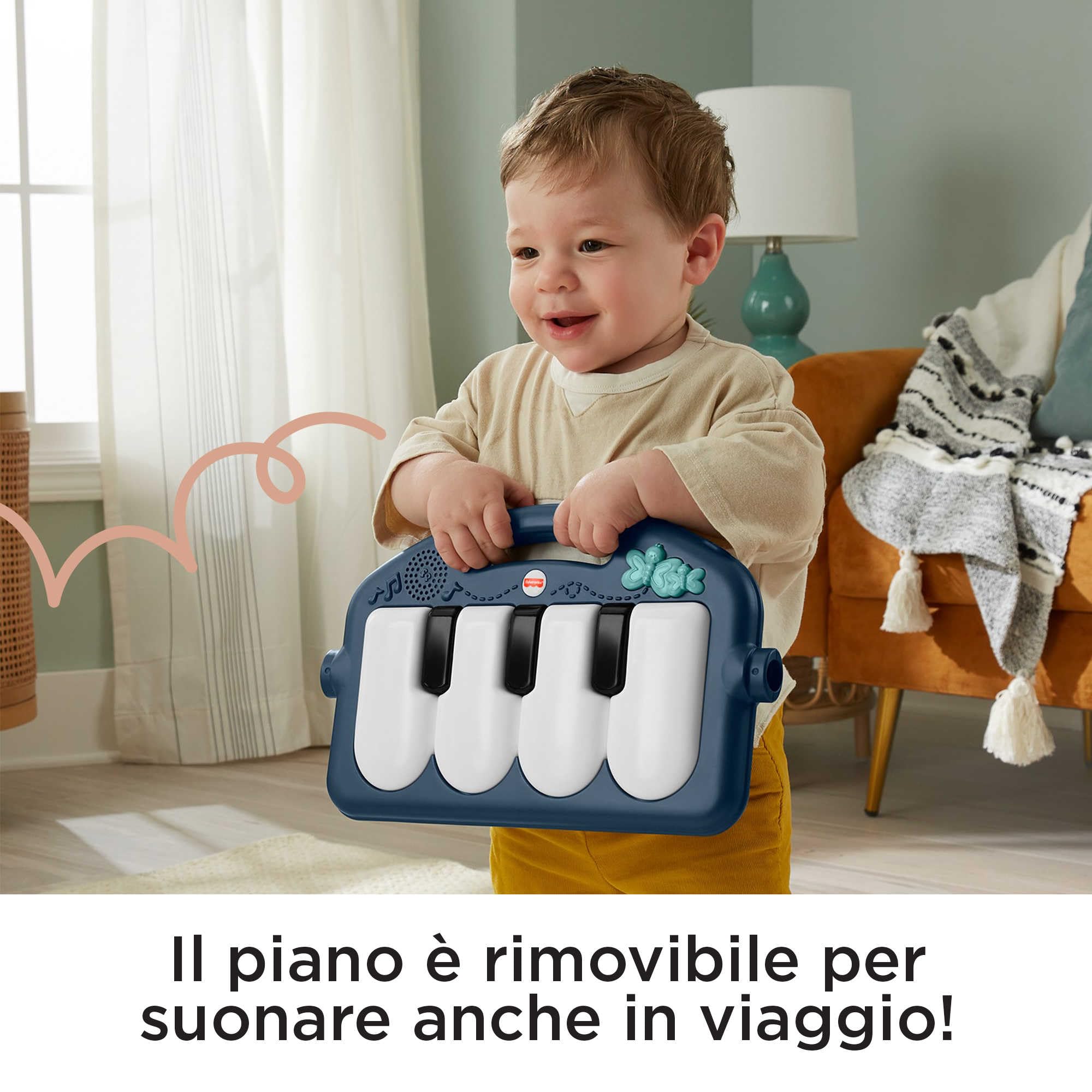 Fisher-Price - Palestrina Baby Piano 4 in 1, tappetino con pianoforte musicale e giocattoli per il gioco distesi sul pancino, cerbiatto blu [esclusiva Amazon], giocattolo per bambini 0+ Mesi, HKX37
