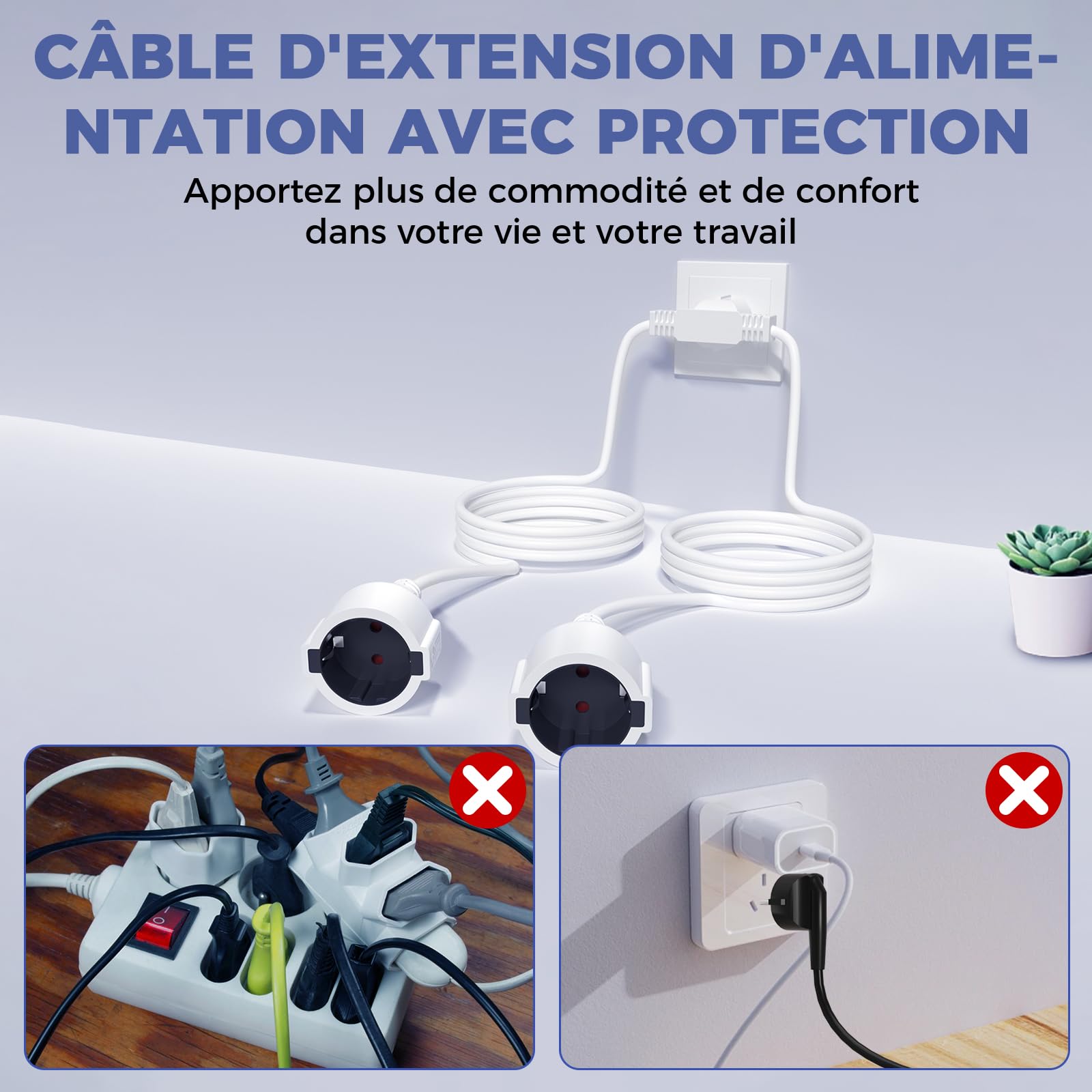 Mini Rallonge Double Prise Schuko 16A - Câble 1,5mm², 5 Cm - Sécurité Enfant - Pour Bureau, Maison, Voyage