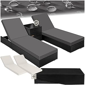 TecTake® Set de 2 Tumbonas de Ratán y Aluminio + Mesa de Jardín, Respaldo Regulable, Resistente a la Intemperie, con Fundas Intercambiables y Funda Protectora - Negro