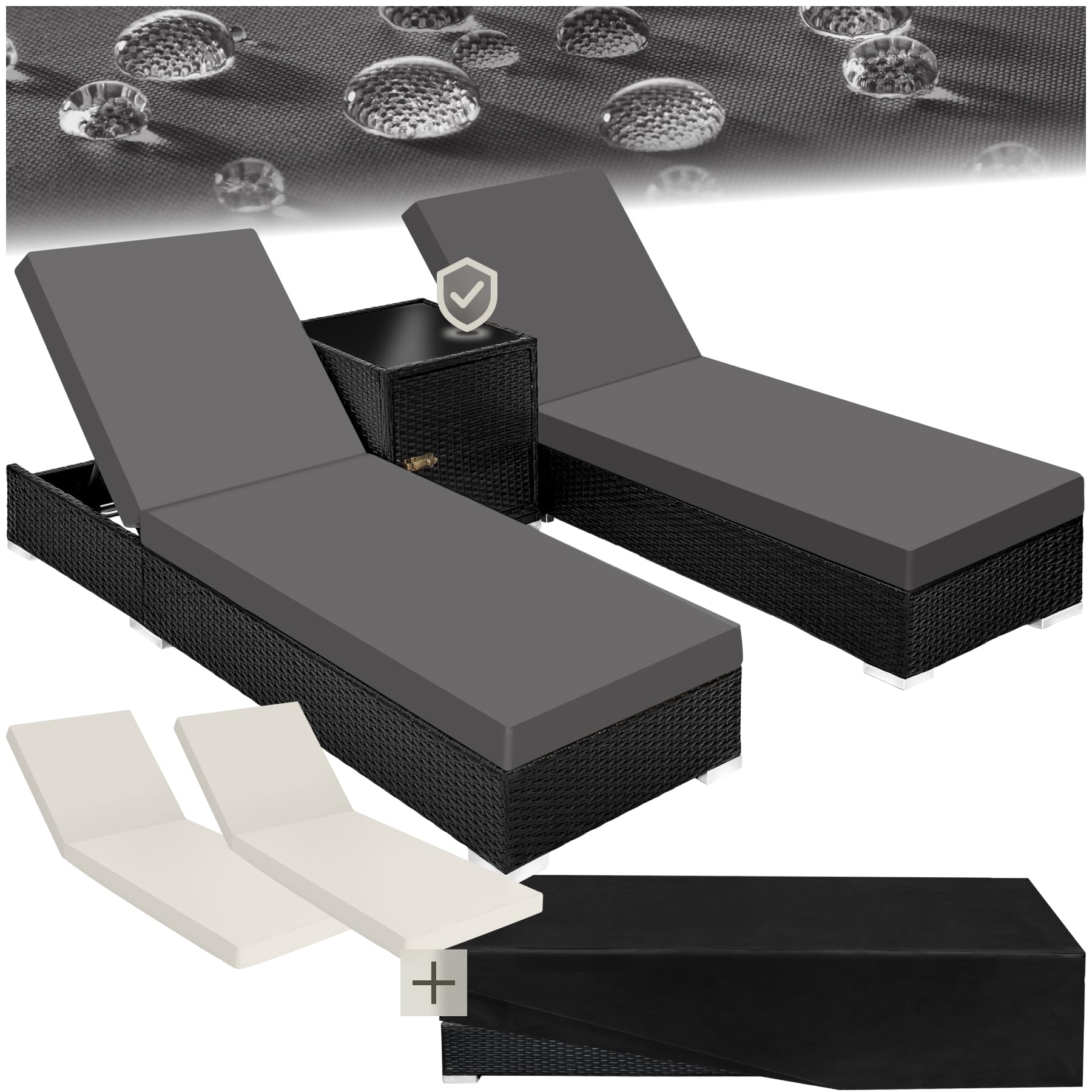 TecTake® Set 2 Tumbonas de Ratán y Aluminio + Mesa Jardín, Tumbonas Piscina Respaldo Regulable, Tumbonas Playa Resistente a la Intemperie, Fundas Intercambiables, Funda Protectora - Gris
