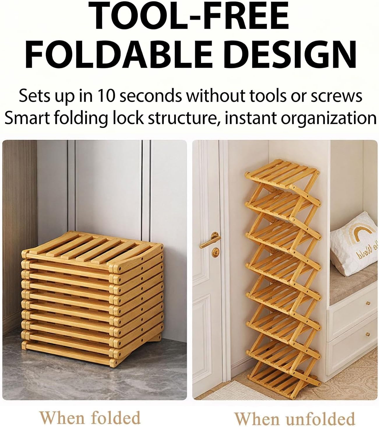 Bamboo Shoe Rack Vertical Foldable Shoe Organizer, Narrow Tall Shoe Shelf for Entryway Closet Corner, Free Standing Wooden Shoe Storage Rack Space Saving Multi Tier Shoe Rack (Brown, 7 Layers)