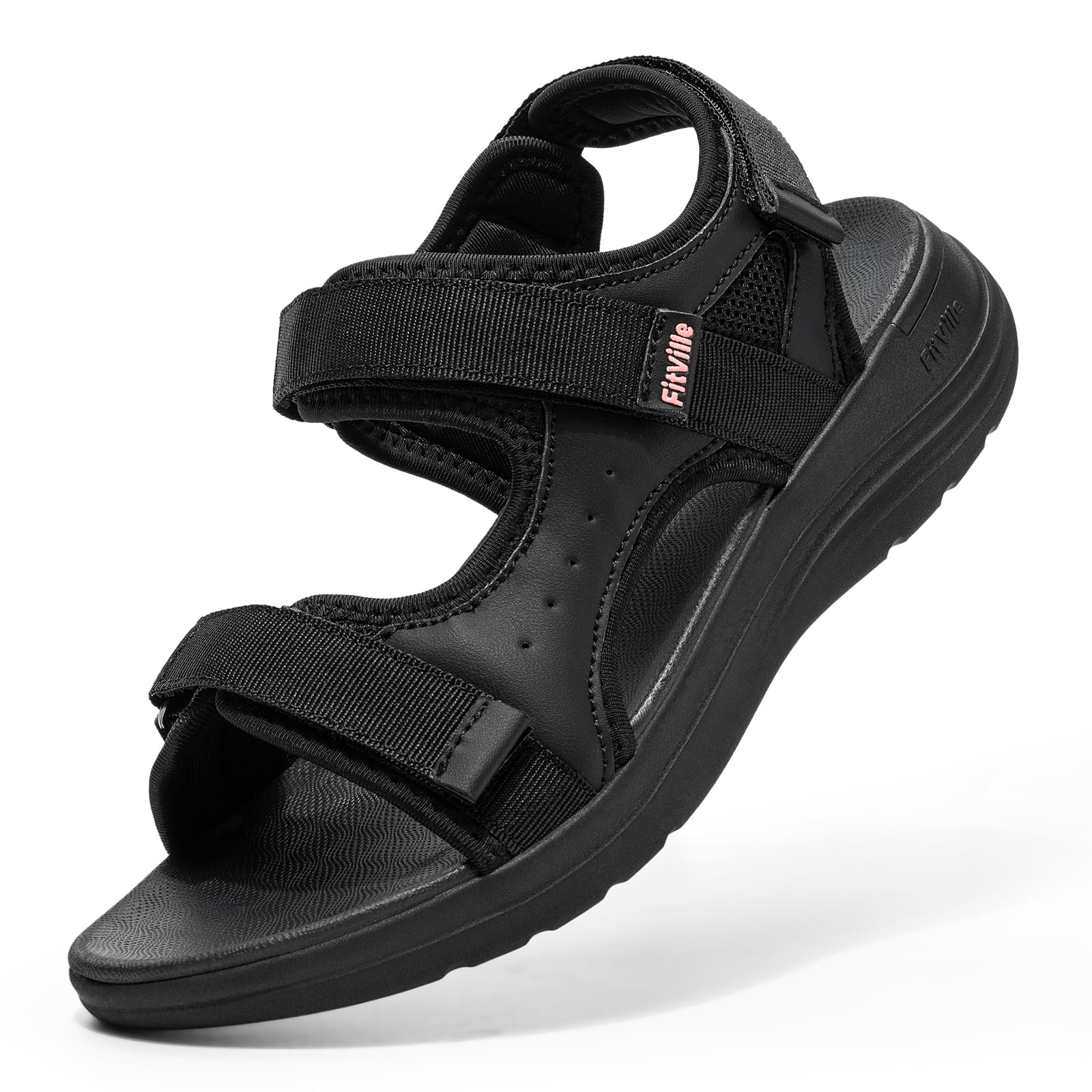 FitVille Women's Wide casual Sandals Strappy Arch Support Flat Sandals for Plantar Fasciitis & Swollen Feet with Adjustable Ankle Strap