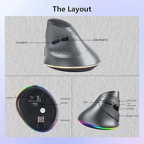 Vista 13 de Ratón inalámbrico, mouse ergonómico vertical 2.4G Bluetooth modo dual 3 DPI recargable conecta múltiples dispositivos, mouse vertical 6 botones