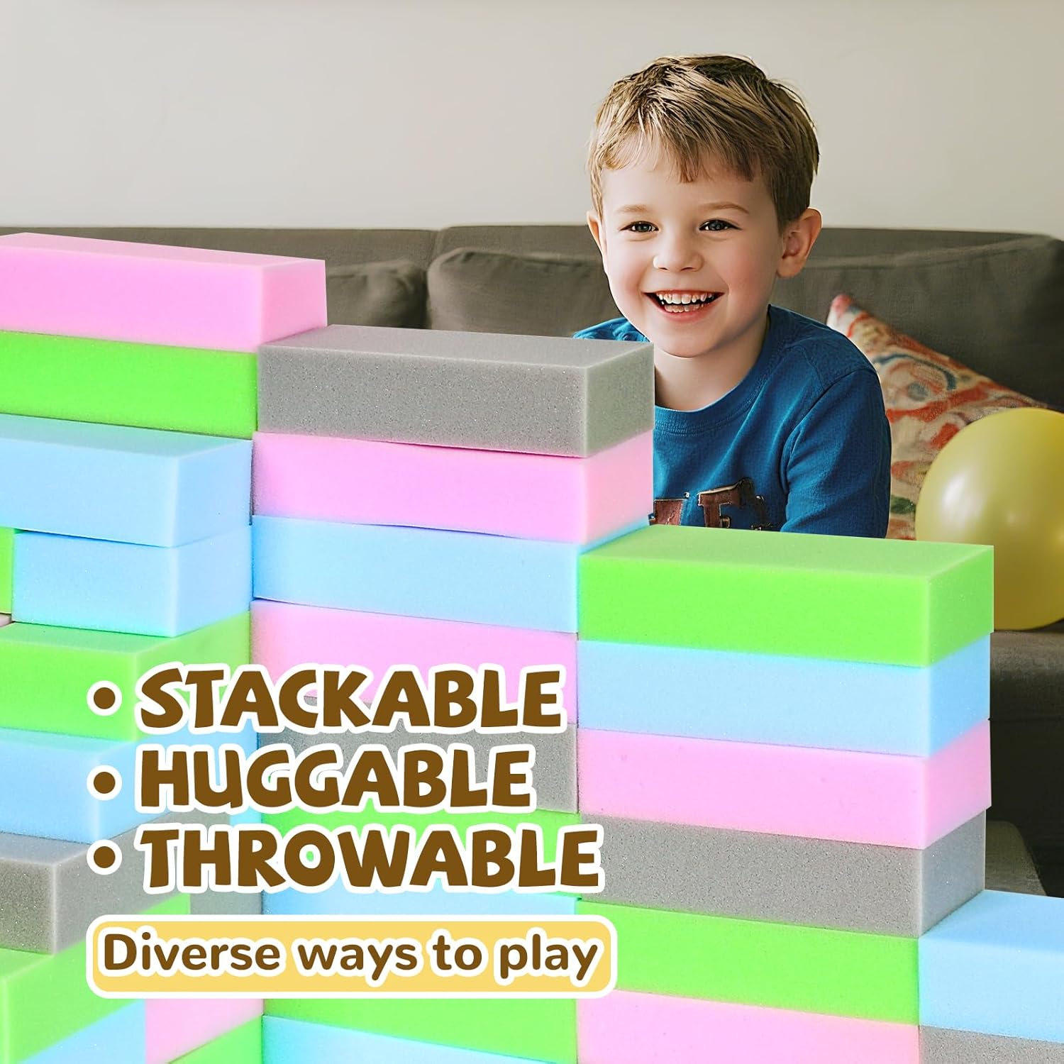 Foam Building Blocks for Toddlers 48 PCS Soft Stacking Block Set for Kids, Colorful Foam Bricks for Sensory Play, Protective Gymnastics Blocks - 8" x 4" x 2"