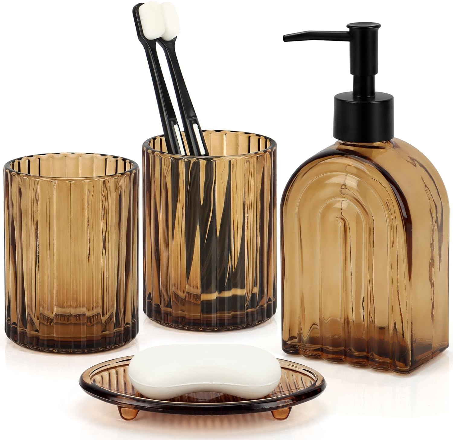 4Pcs Amber Glass Bathroom Accessories Set – Arched Stripe Design Soap Dispenser, Toothbrush Holder, Tumbler & Soap Dish – Complete Vintage Bathroom Countertop Organiser Set for Home Decor (Amber B)