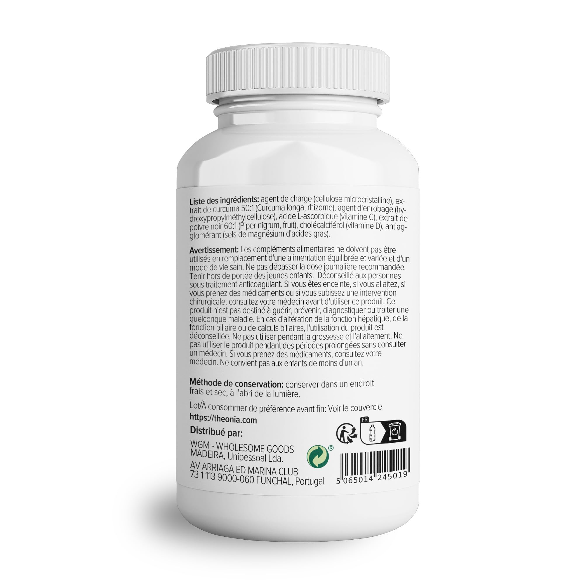 Complément alimentaire Complexe à l'extrait de curcuma de Theonia - Vitamine D3 et C, Poivre noir - Contribue à la bonne santé des muscles, des articulations et des os - 60 gélules - 200 mg