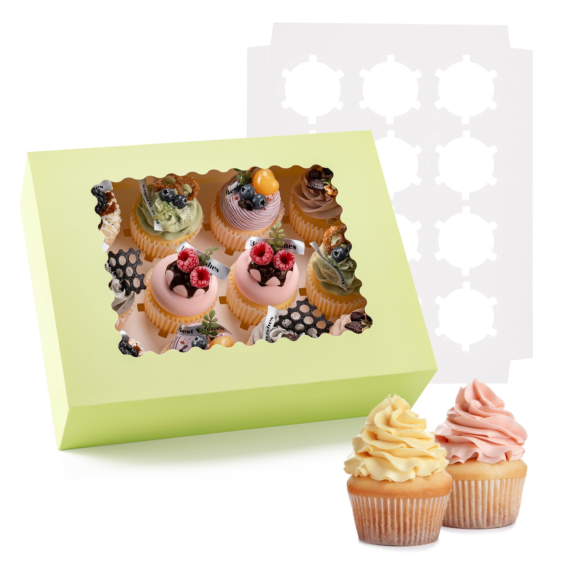 Hoewina 6PCS Cupcake Boxes - Hold 12 Count Cupcake Containers with Window, Food Grade Cupcake Holder Easy Transport and Presentation - Ideal for Cupcakes, Desserts, and More (Light Green)