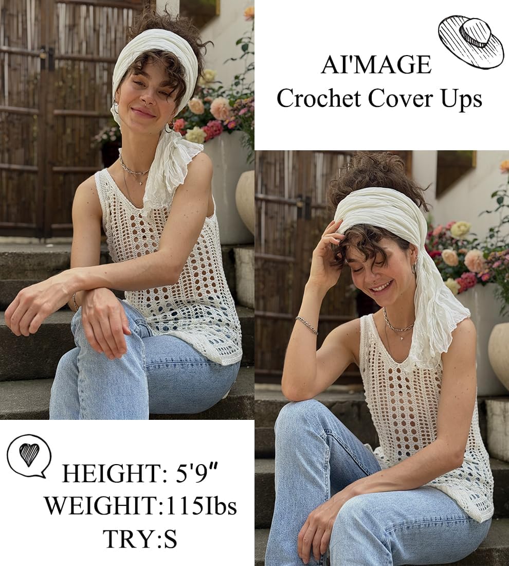 AI'MAGE Womens Crochet Swimsuit Cover Ups Beach Hollow Out Tank Coverup Dress Slit Bikini Bathing Suit Cover Up S-XXL - Image 4