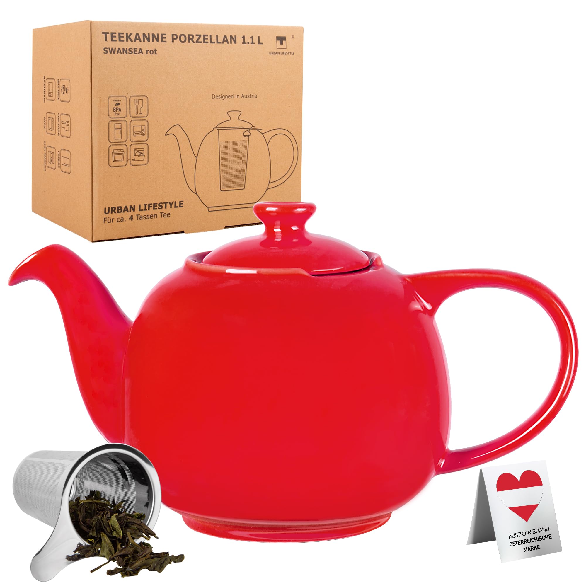 URBAN LIFESTYLE Porcelain Teapot 1.1 L with Infuser Tea Pot for Loose Tea Leaves Ceramic Teapot Red Anti-Drip Design (Swansea)
