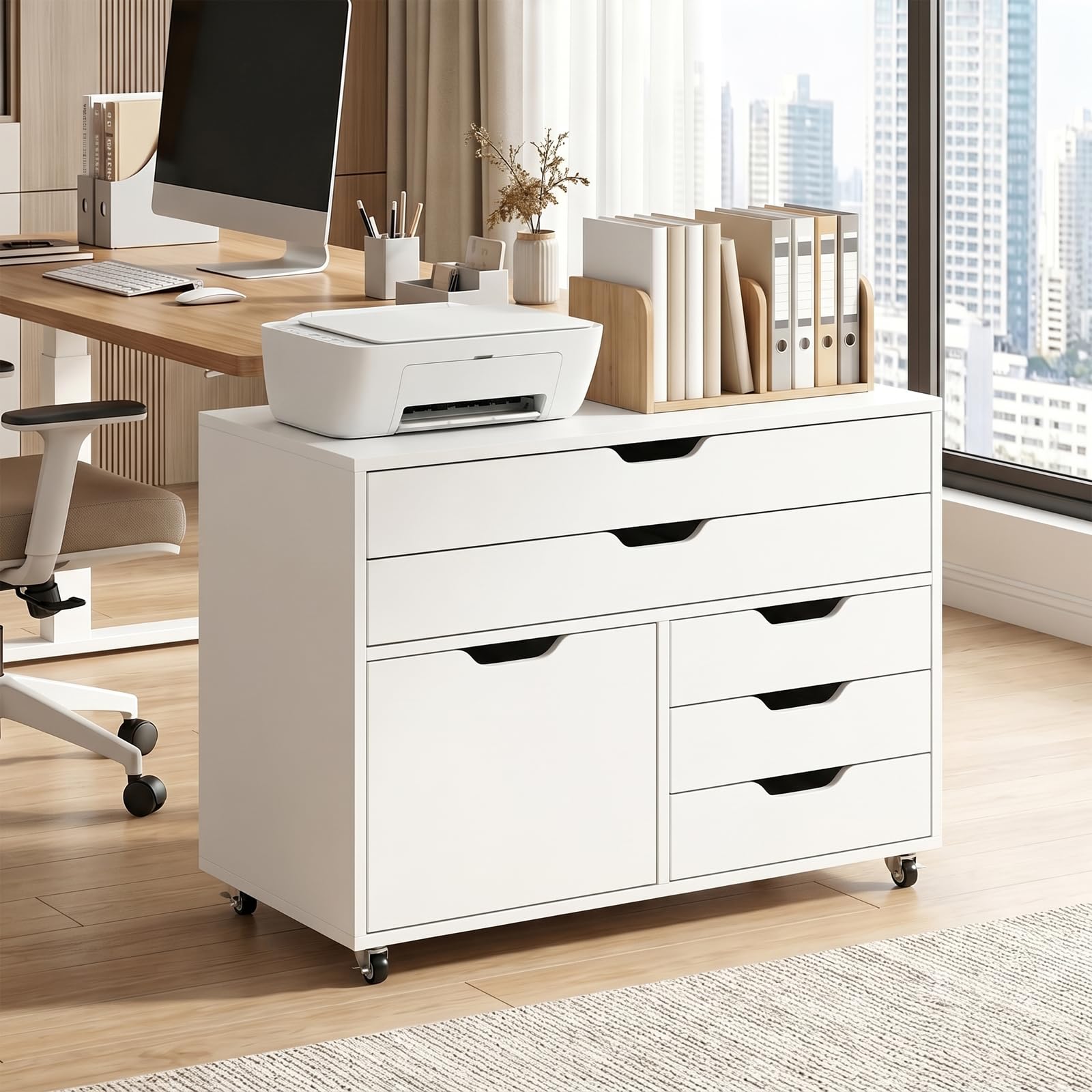 buybyroom 5 Drawer Filing Cabinet Wooden for Home Office, Office Drawers on Wheels with 5 Casters, Storage Cupboard Office Cabinet, White