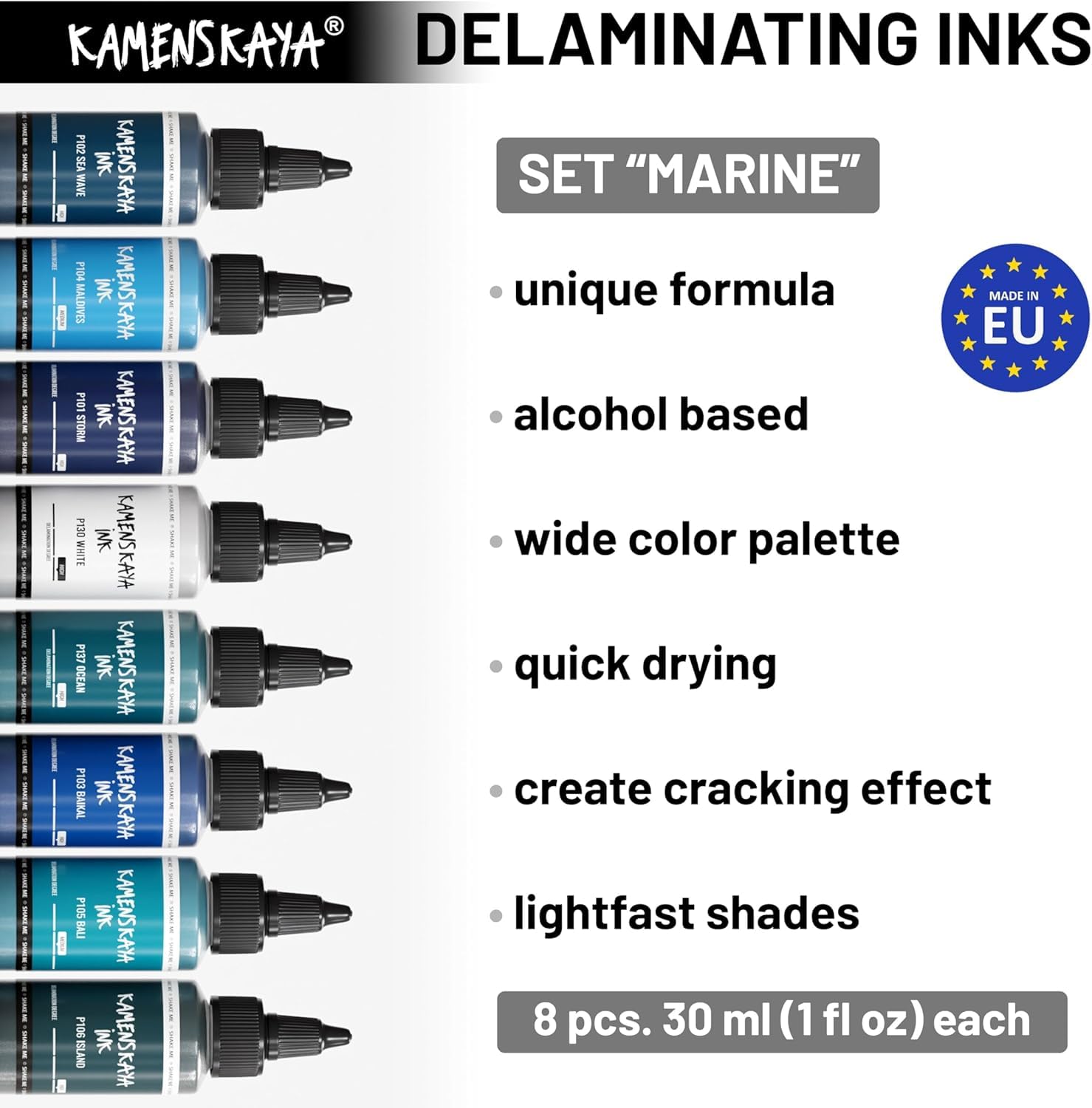 KAMENSKAYA Encres à délamination à l'alcool - Ensemble d'encres à délamination 'Marine' - 8 pcs. 30 ml (1 Fl Oz) chacune