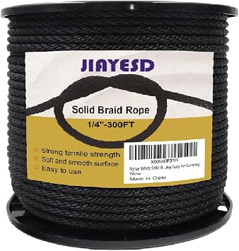 Black Solid Braid Rope 1/4 Inch 300 FT, Industrial Grade
