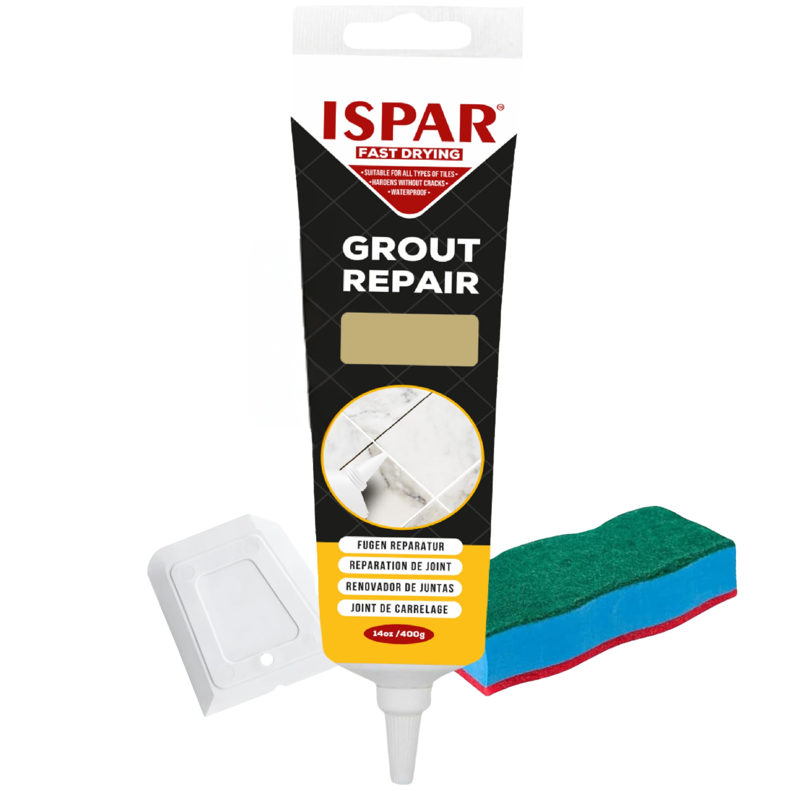 Ispar Tile Grout, 400 g Beige Grout Reviver, Fast Drying Premixed Grout Repair Kit with Spatula & Sponge, Ideal for Bathroom, Kitchen & Floor Tiles Renewal