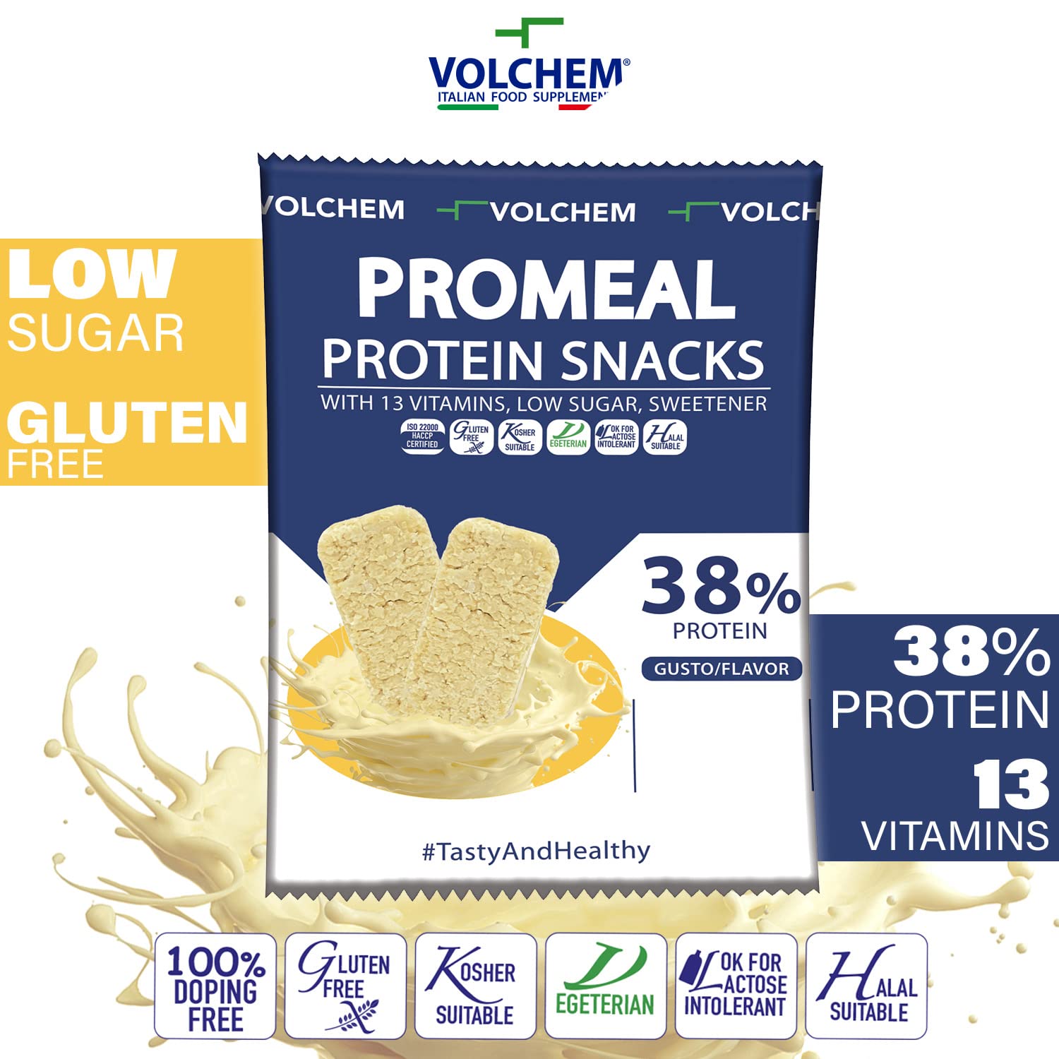 Volchem Promeal Protein Snacks 38, Snack Proteico al 38% di Proteine, con Vitamine, Senza Grassi Idrogenati, Conservanti e con Pochi Zuccheri (Cookie)