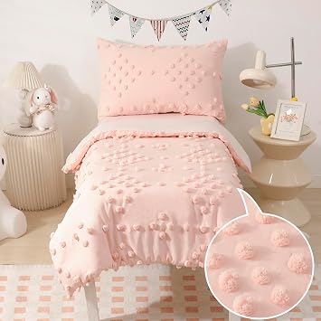 Pink Toddler Bedding Set for Girls Boho Crib Toddler Bed Comforter Set | VIVILINEN 4-Piece Pink Tufted Dots Bed-in-a-Bag Toddler Bed Sheets Set with Comforter, Flat Sheet, Fitted Sheet, Pillowcase