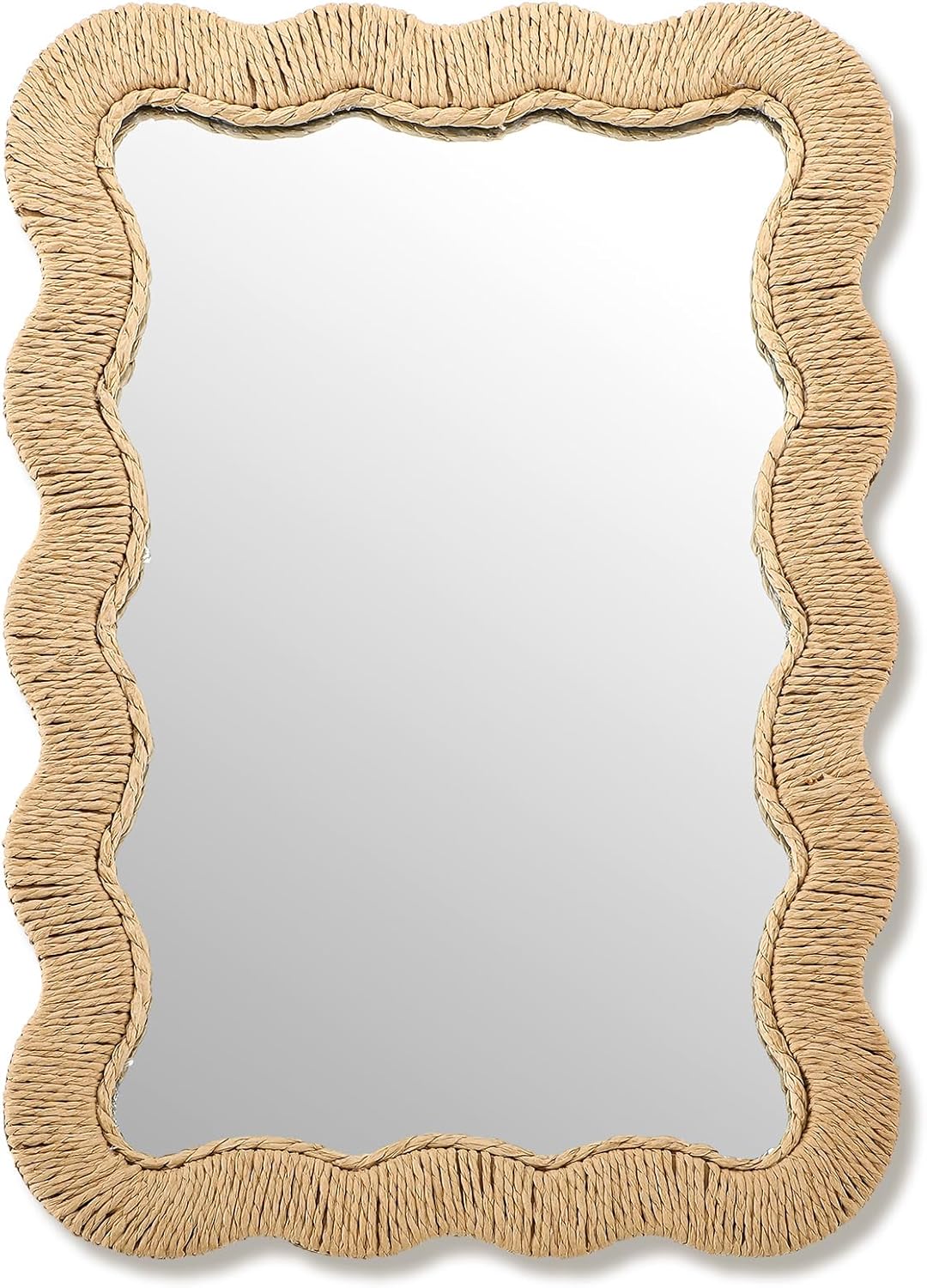 Junkin Boho Scalloped Rattan Mirror Decorative Natural Wicker Wall Mirror with Rattan Frame Boho Coastal Decor for Bathroom Living Room, Entryway Decor(Rectangle,10.4 x 15.8 in)