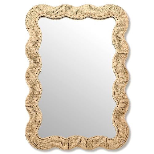 Junkin Boho Scalloped Rattan Mirror Decorative Natural Wicker Wall Mirror