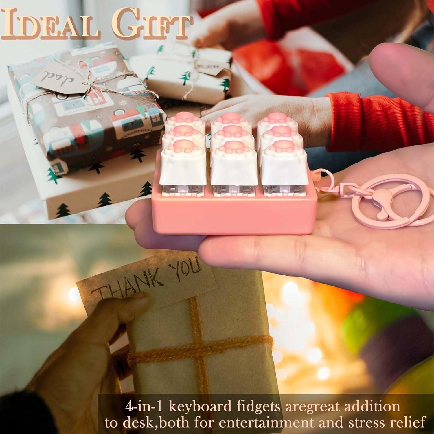 Sound Keyboard Fidget Toy,Fidget Keyboard for Stress Relief, Sound Keyboard Fidget Clicker for Office, School, Travel, Anxiety Keyboard Keychain Gift (Pink Cat's paw)