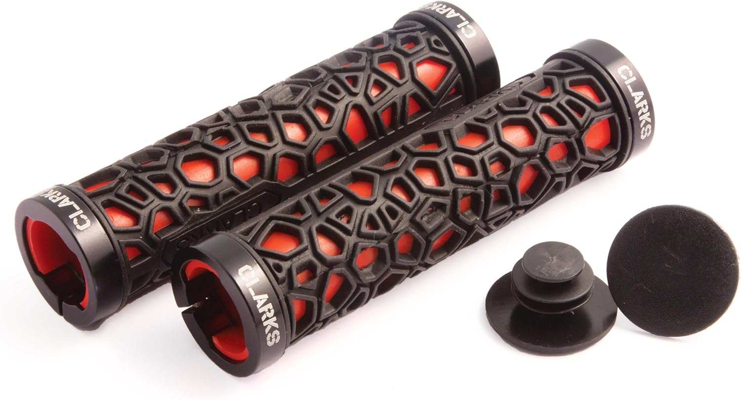 Clarks Lock On Grips - Pair of 130mm Double-Sided Rubber Bike Handlebar Grips with Raised Grip Pattern and Anodised Lock-On Grips - 3 Colours