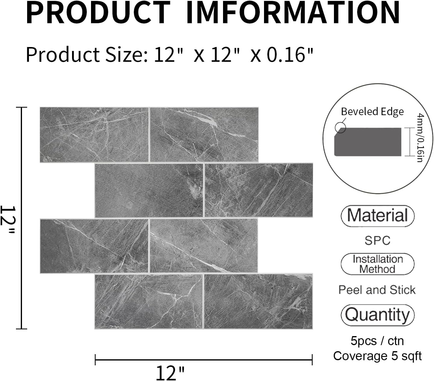 COLAMO Luxury 5-Sheet Dark Gray Peel and Stick Large Subway Tile Faux Stone Marble Tile for Kitchen Backsplash,RV Self Stick On Accent Wall Tile Stickers, 12”x12” Adhesive Mosaic Tiles for Bathroom