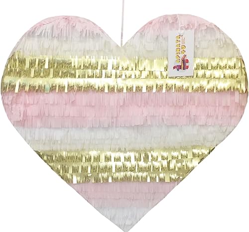 Piñata de corazón de 17 pulgadas de alto, color rosa, blanco y dorado, despedida de soltera, boda, día de San Valentín, decoración de fiesta de