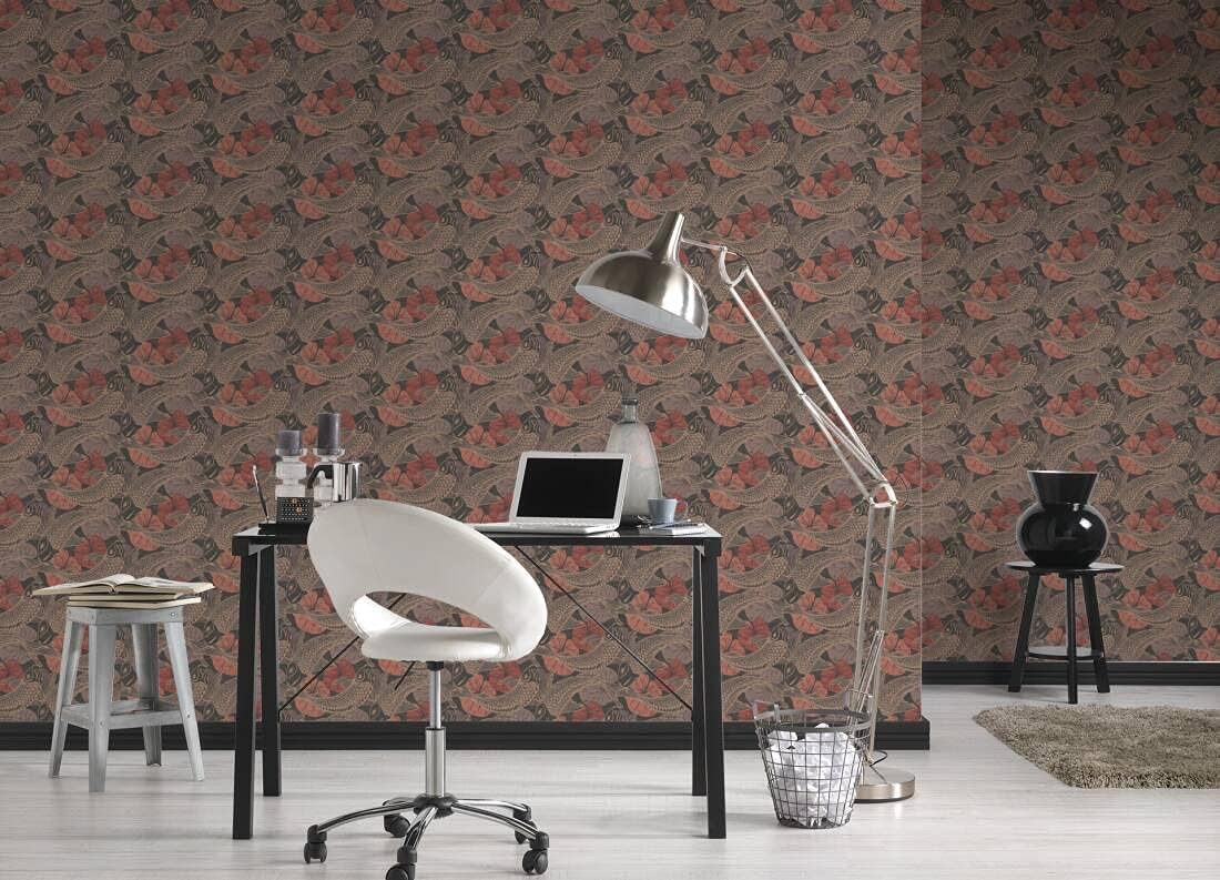 CONCORD WALLCOVERINGS ™ Ethnic Modern Textured Wallpaper Featuring Koi Fish, Black Brown Red, 21in x 33Ft(56sqft);378595