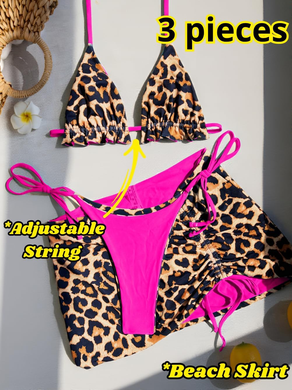 ShawGobow Womens 3 Piece Leopard Bikini Set,Triangle String High Cut Thong Sexy Swimsuit & Coverup Skirt,Pool Party Outfit