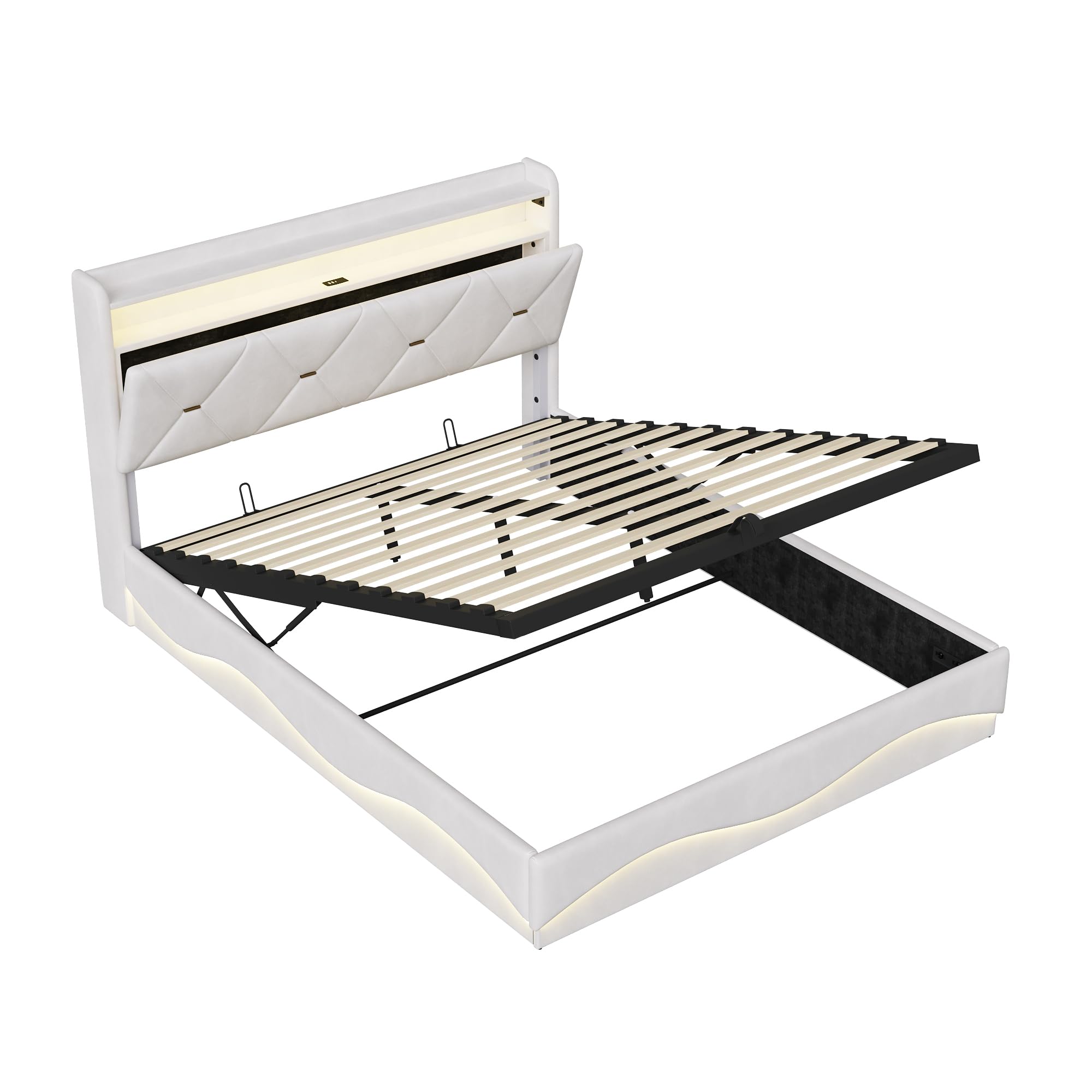 Cama con Caja Fuerte 160 x 200 cm con LED y puertos USB, camas dobles tapizadas con almacenamiento hidráulico, cabecero con estantes abiertos, camas para adultos y jóvenes, sin colchón (beige